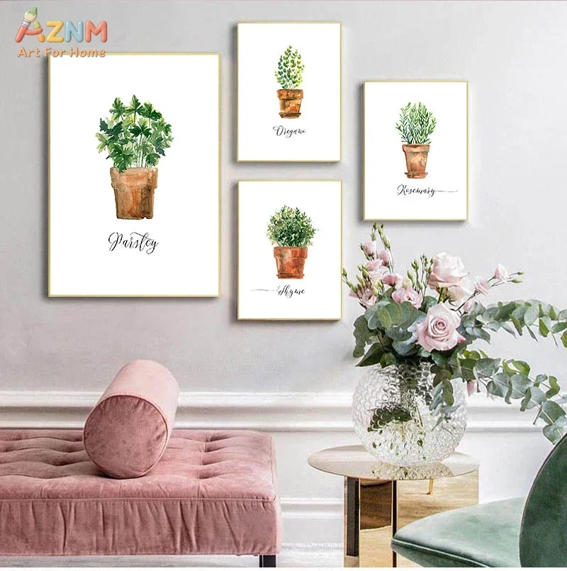 AZNM Watercolor Herb Plant Canvas Wall Art Parsley Oregano Thyme Rosemary Potted Greenery Print Poster Kitchen Decor Unframed Ca