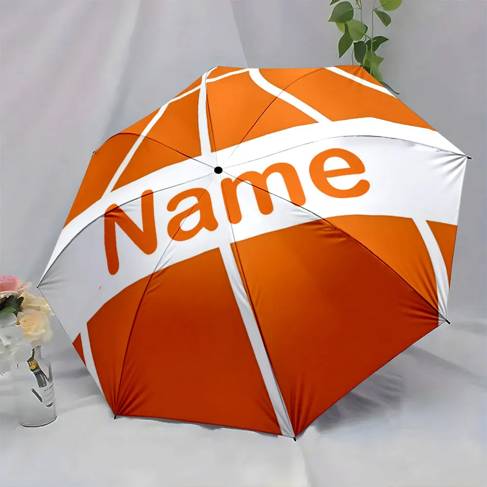 Customized Name Basketball Print 8 Iron Ribs Folding Umbrella, Auto-Open Fashionable Sunshade, Plastic Handle Deluxe Gift