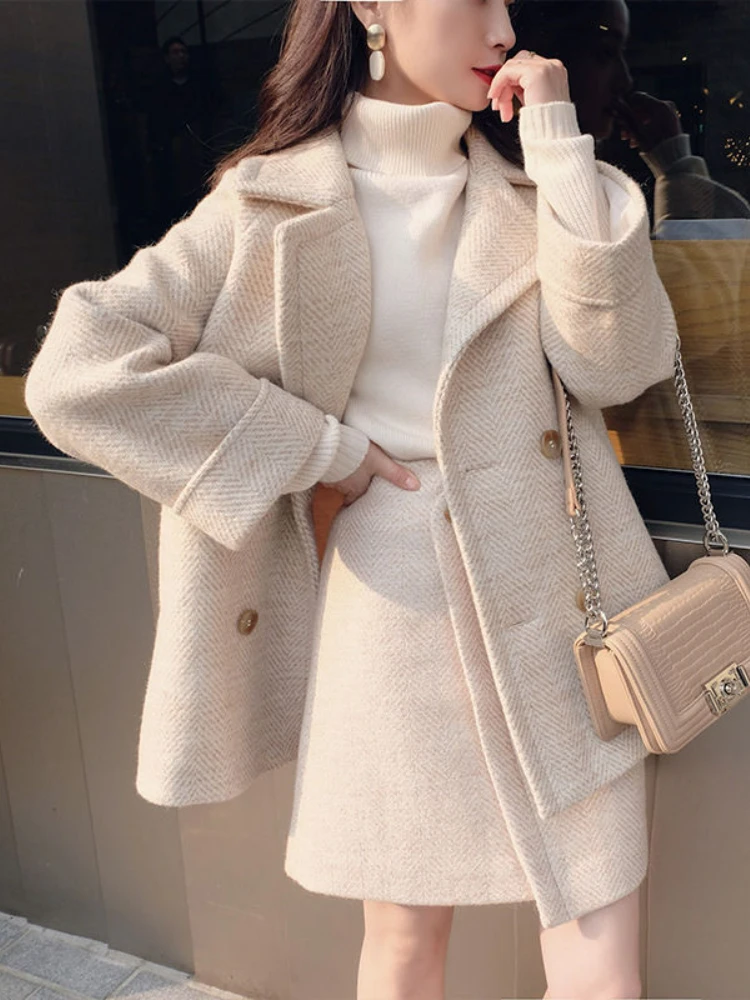 UNXX Winter Women 2 Piece Set Female Woollen Tweed Double Button Blazer+Irregular Split Pencil Skirt Suits High Street Harajuku