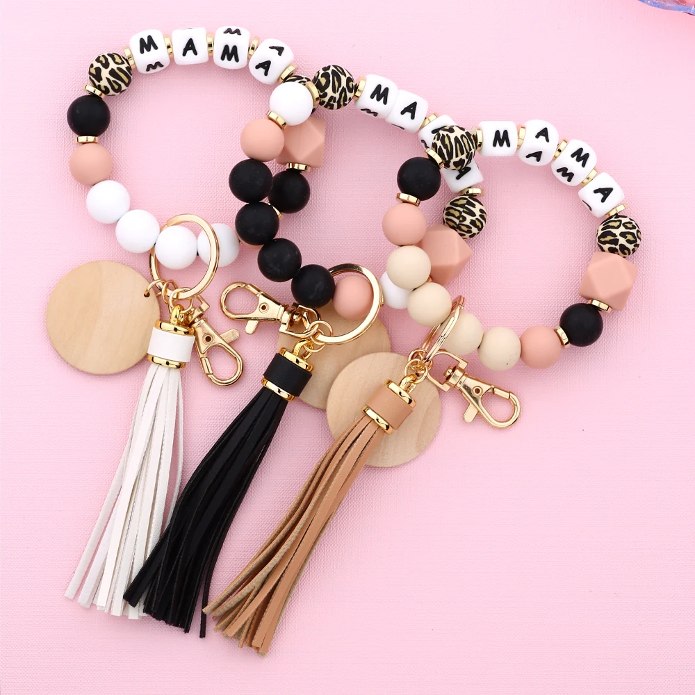 Mother\'s Day Gift Leopard Silicone Bead Key Chain Letter MAMA Beaded Wristlet Keychain With Wood Disc Leather Tassel Key Ring