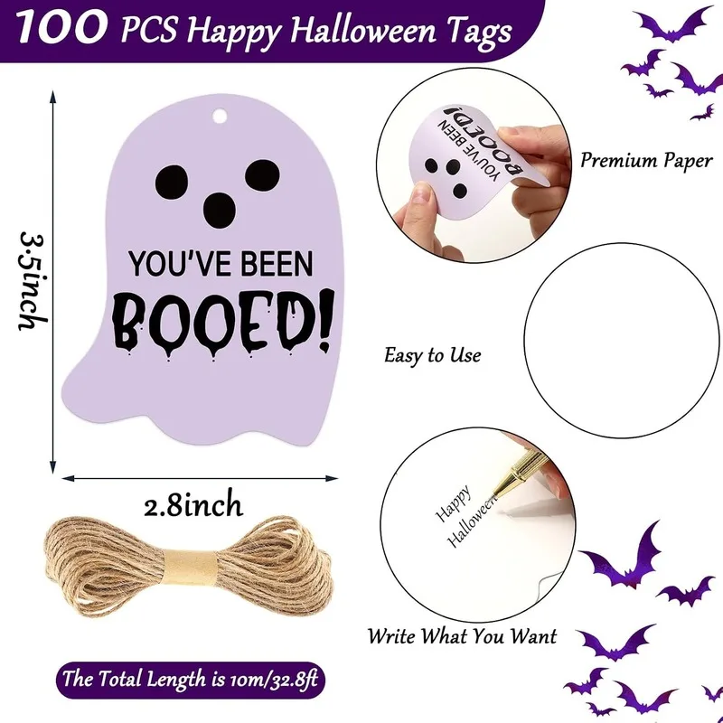 100pcs Colorful and cute ghost-shaped tags with strings, perfect for Halloween gift boxes and packaging