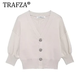 TRAFZA Flower Button Decoration For Women New Long Sleeved Loose Fit Woman Sweater Jacket Sleeve Short Autumn Knitwear Coat ﻿