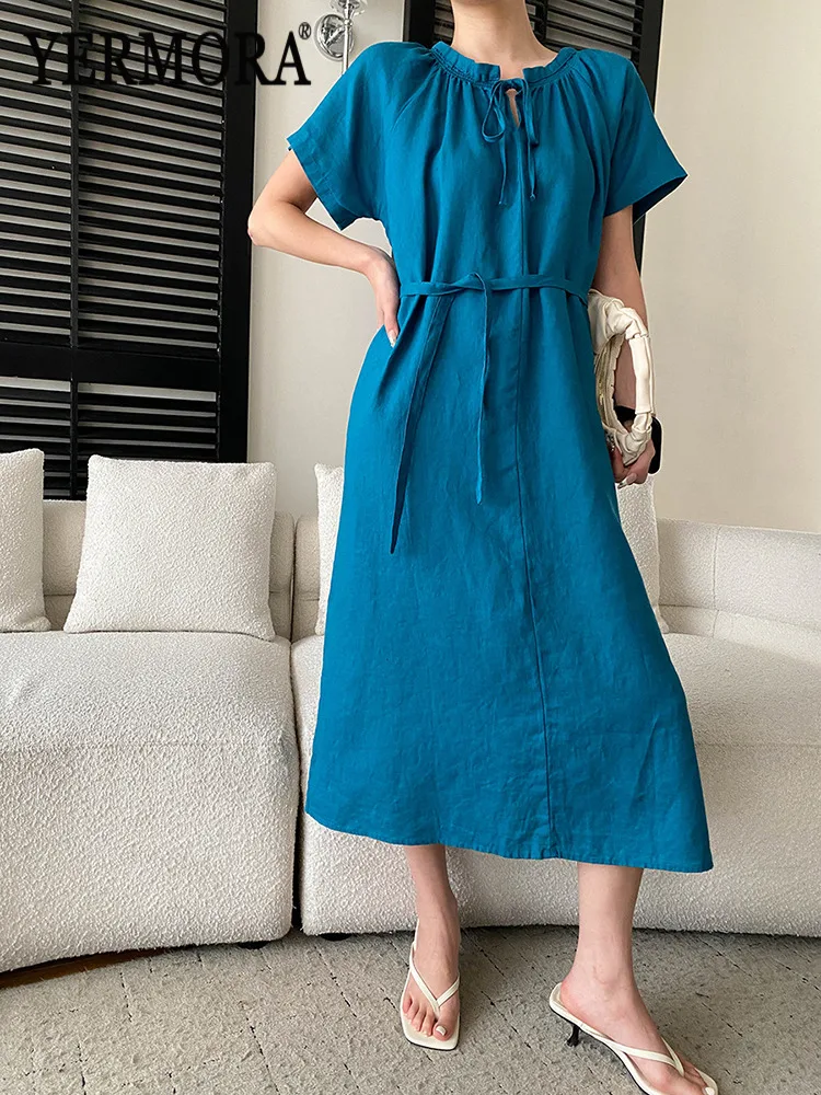 

Женское льняное платье YERMORA синего цвета с завязками на талии, повседневное, с круглым вырезом, коротким рукавом, свободного кроя, модное, весна-лето 2026, новинка