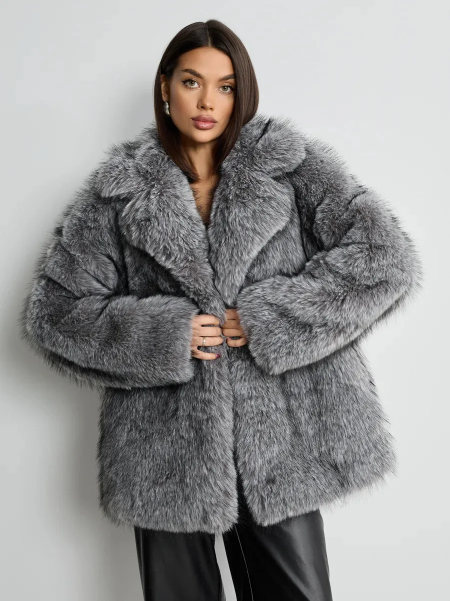 HDHOHR 2026 Winter Elegant Luxury Chic Thick Warm Soft Faux Fox Fur Coat Women Long Sleeves High Quality Fluffy Jacket Oversized
