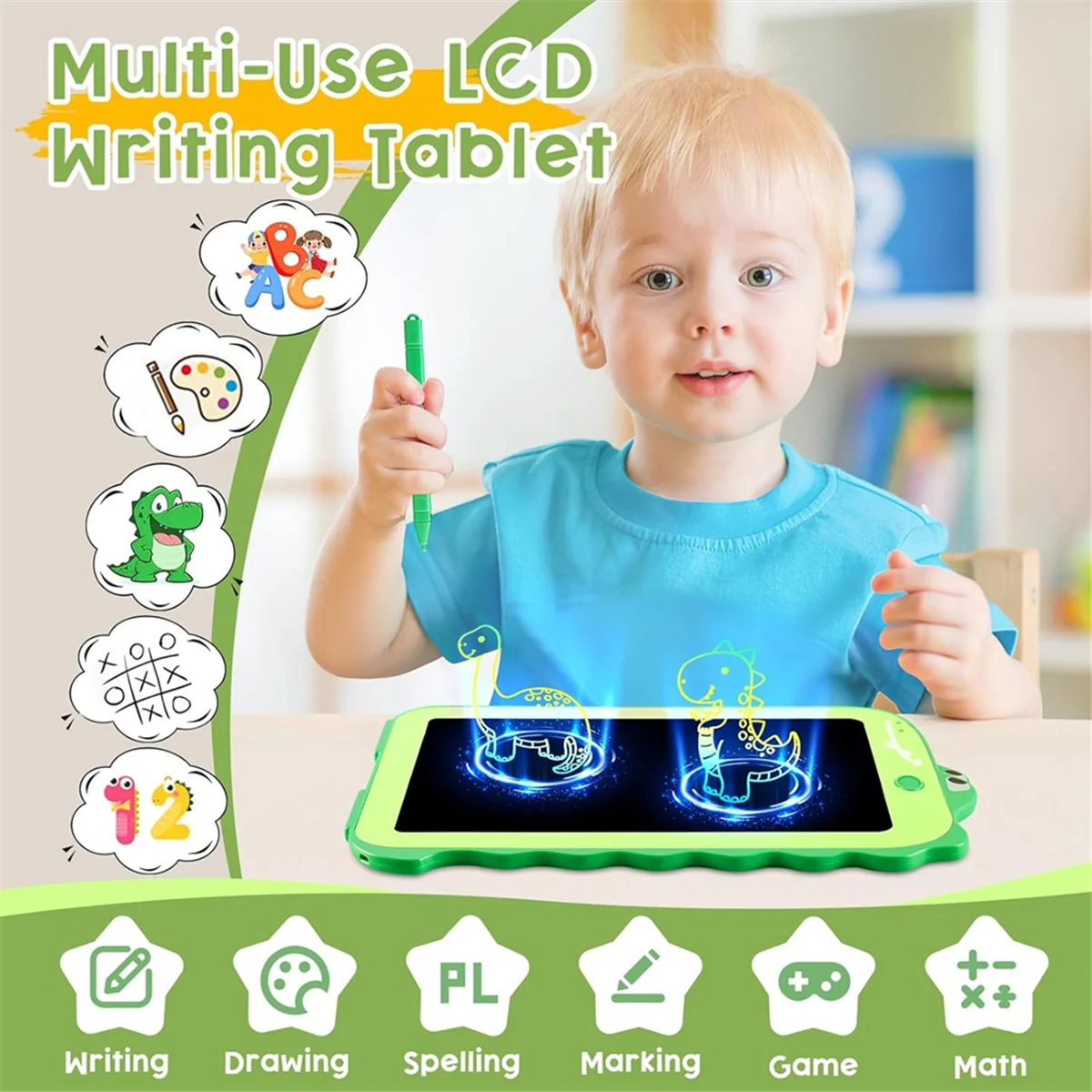 LCD Writing Tablet for Kids, Colorful Toddlers Toys Drawing Board, Educational Kid Toys, Doodle Pad Dinosaur Toys Green/Pink