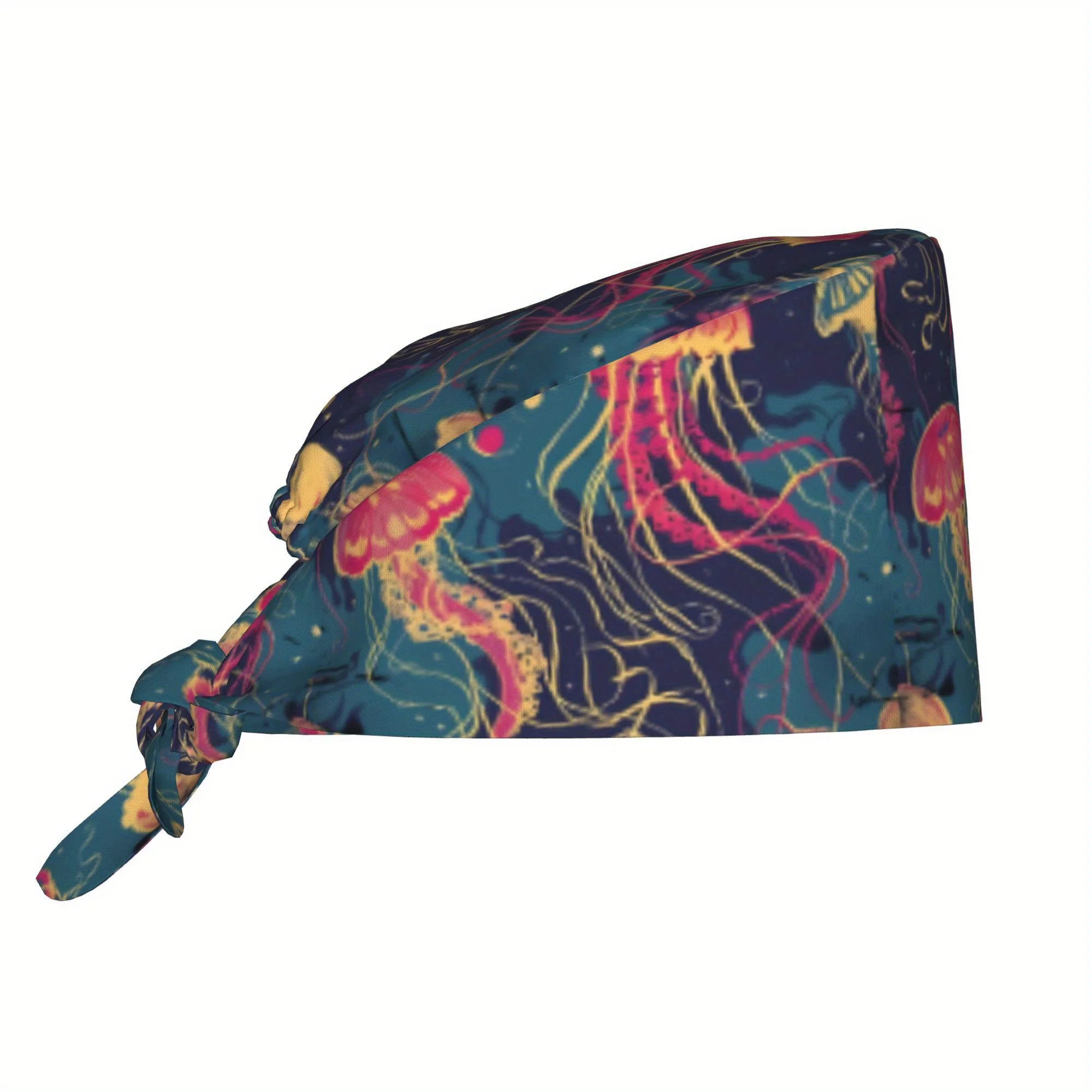 1pc Women'S Stylish Jellyfish Print Work Cap - Lightweight, Adjustable, Tie-Back Nurse Hat, Dustproof Chef & Cooking Cap, Comfor