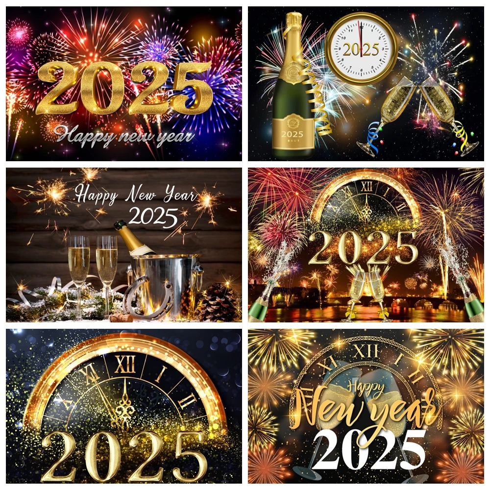 

2025 Happy New Year Photography Backdrop Gold Glitter Balloon Fireworks Clocks Champagne Home Party Decor Background Photo Props