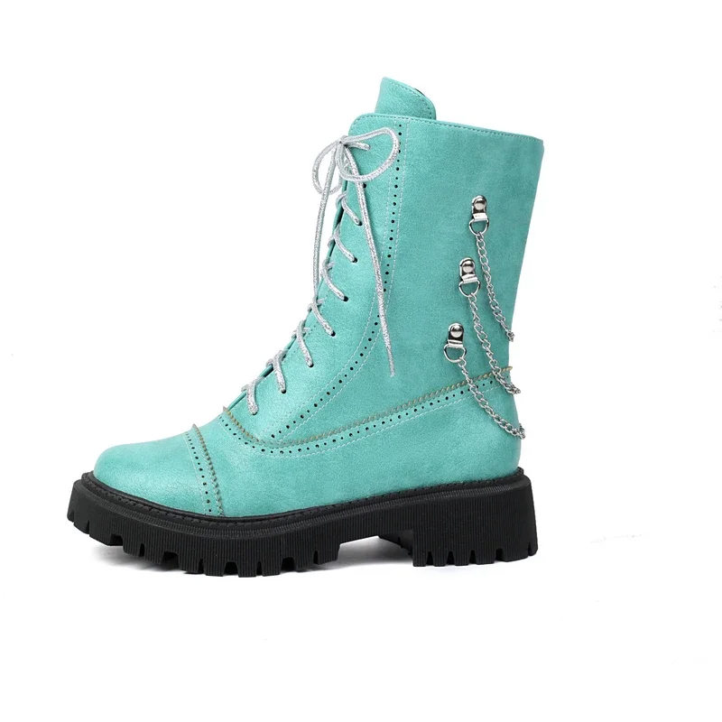 Blue Wine Red Color Brogue Designer Luxury Goth Women Shoes Lace-up Casual Ladies Ankle Boots Motorcycle Botas with Metal Chain image 5
