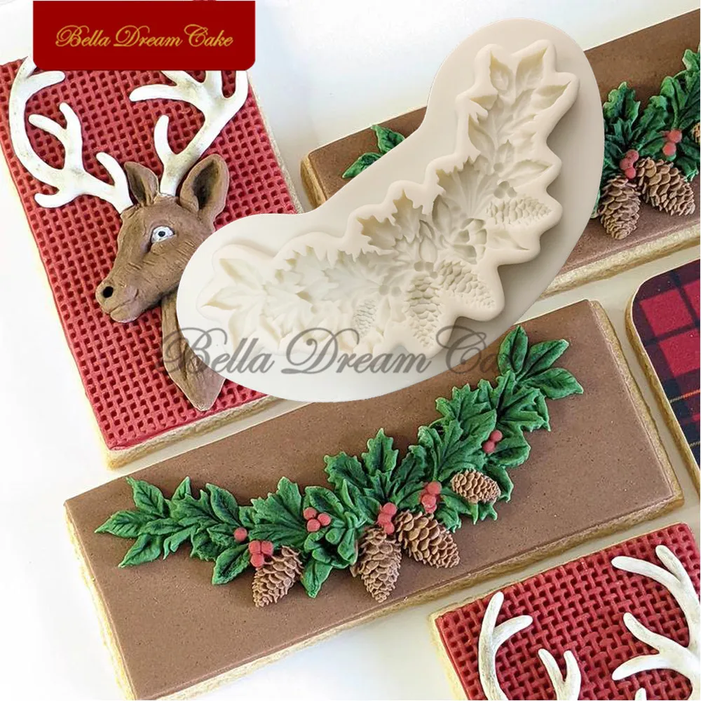 3D Christmas Reindeer/Pine Nut Leaf Wreath Silicone Mold Fondant Chocolate Mould DIY Clay Model Cake Decorating Tools Bakeware