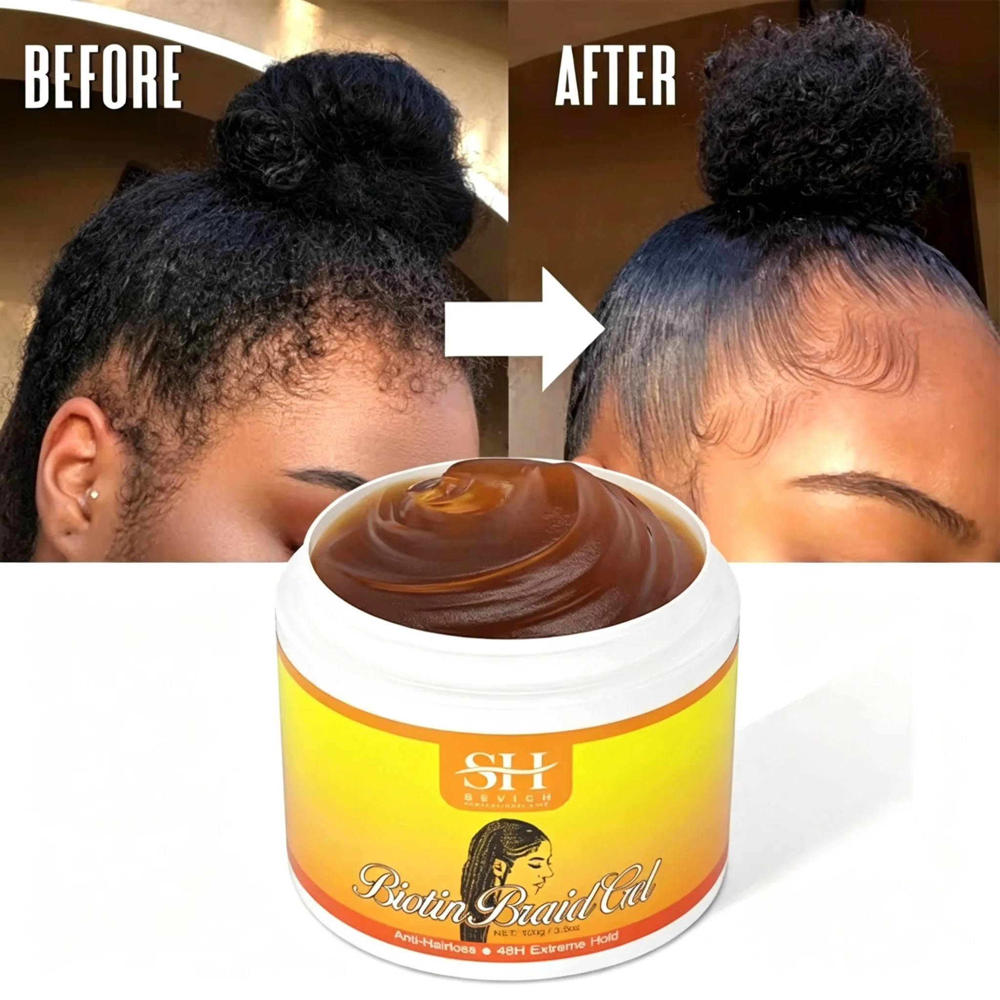 African Biotin Braid Gel 100g Edges Control Twist Gel Tames Frizz & Edges Jojoba Oil Styling Braiding Gel Anti Hair Loss Wax，Loc
