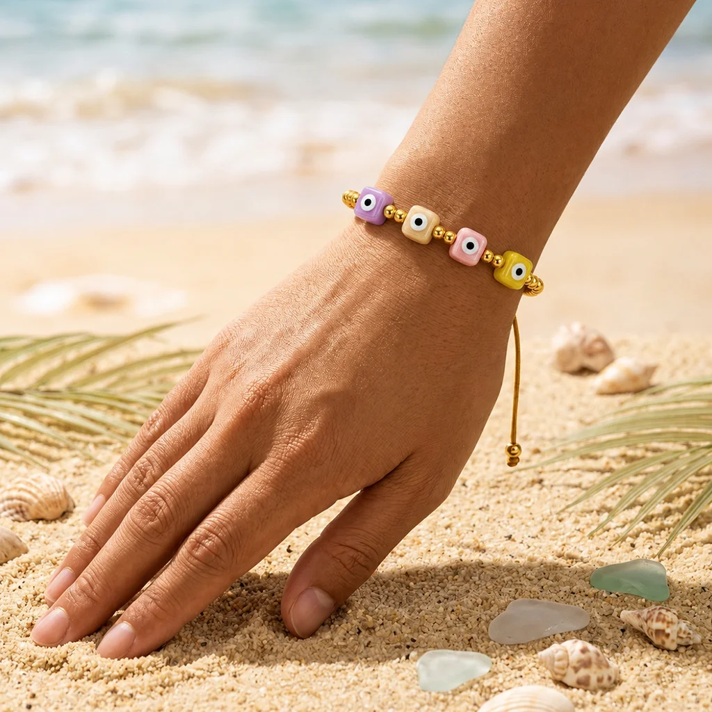 1pc Copper Beaded Bracelet with Gold Tone Beads and Colorful Square Evil Eye Charms Tie Closure Summer Beach Style