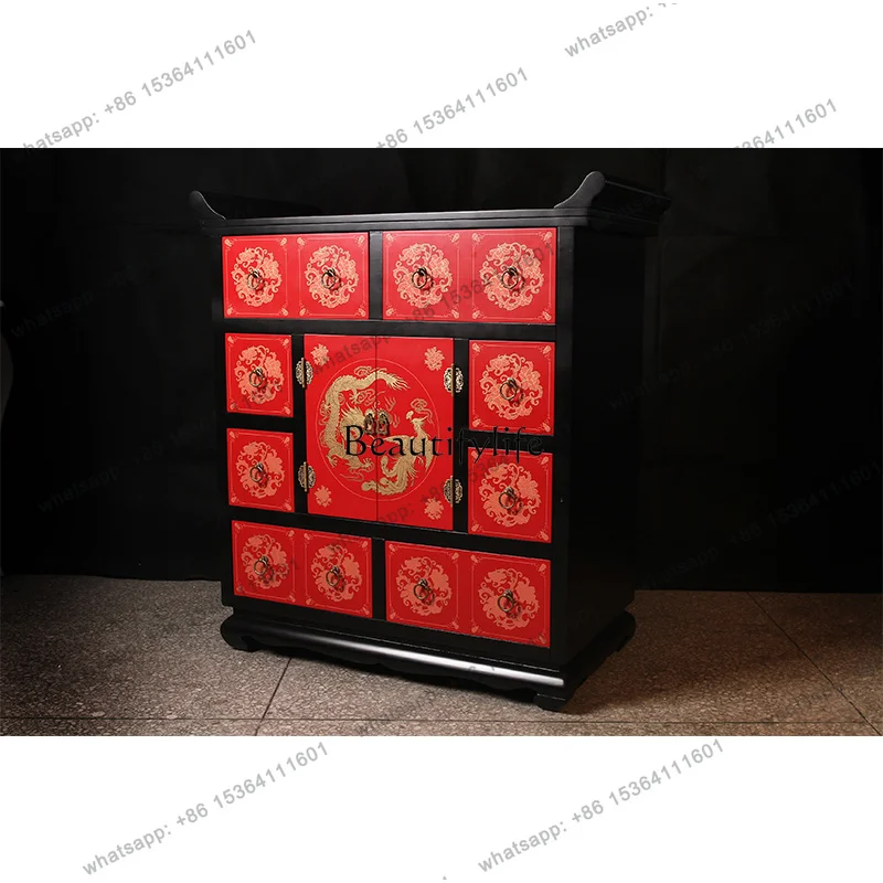 Customization New Chinese Classical Furniture Painted Two-color Eight-draw Dragon And Phoenix Warped Head Cabinet