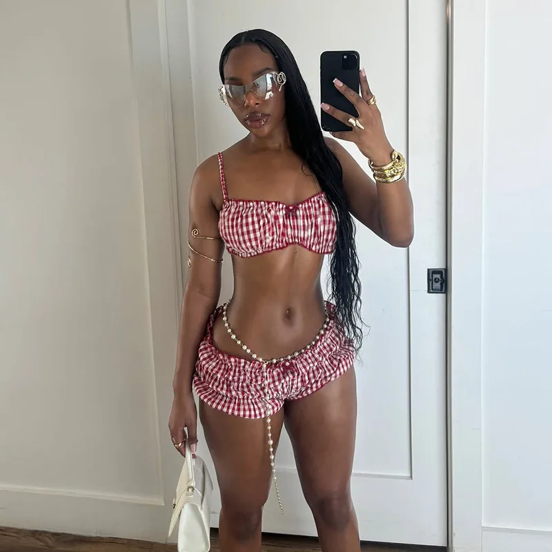 Été Plaid taille haute orts femmes Sexy Vaion Sle haut et Bot ensemble Ultra ort haut court et taille haute orts