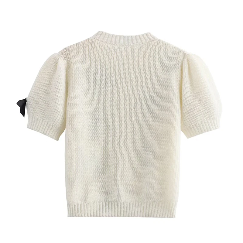 YENKYE New Women Bow Puff Short Sleeve Crop Knit Sweater Round Neck Casual Autumn Pullover Tops Female Beige White  Jumper