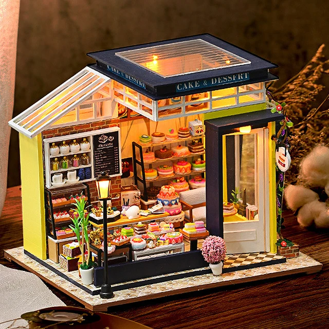 Cukiernia Domek dla lalek Mini DIY Mały zestaw do montażu Model DIY Ręcznie robione puzzle 3D Zabawka LED Dla dzieci Prezenty Domek dla lalek