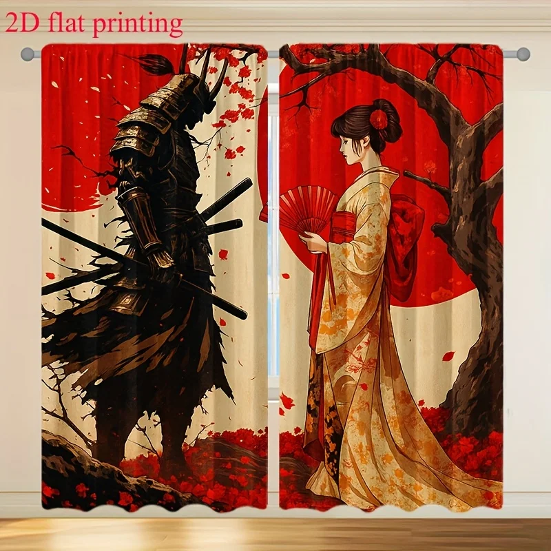 Japanese Samurai and Geisha Curtain, Red Circle and Falling Petals Design, Asian Style Window Drapes for Living Room