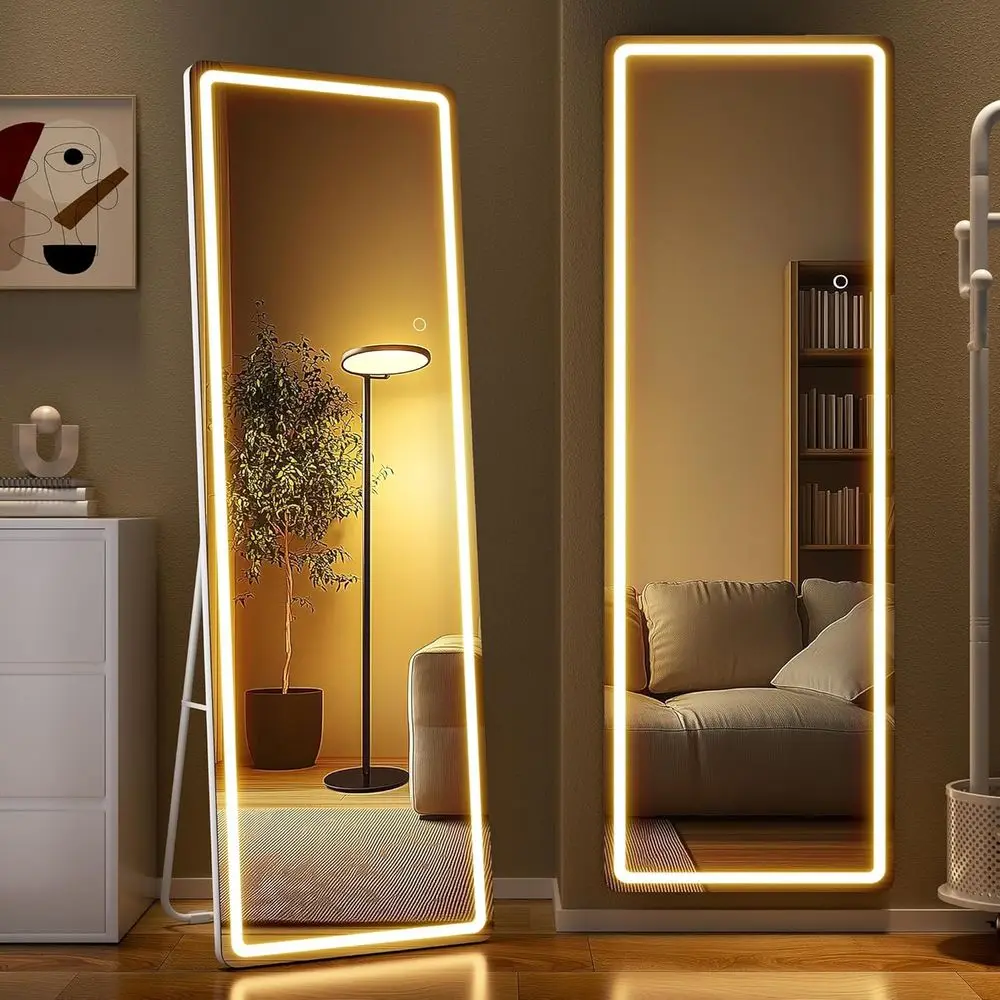 

Зеркало в полный рост с подсветкой, 56 x 15,8 дюймов, напольное зеркало с LED-подсветкой, регулируемой яркостью и 3 цветами освещения, для гардеробной, раздевалки