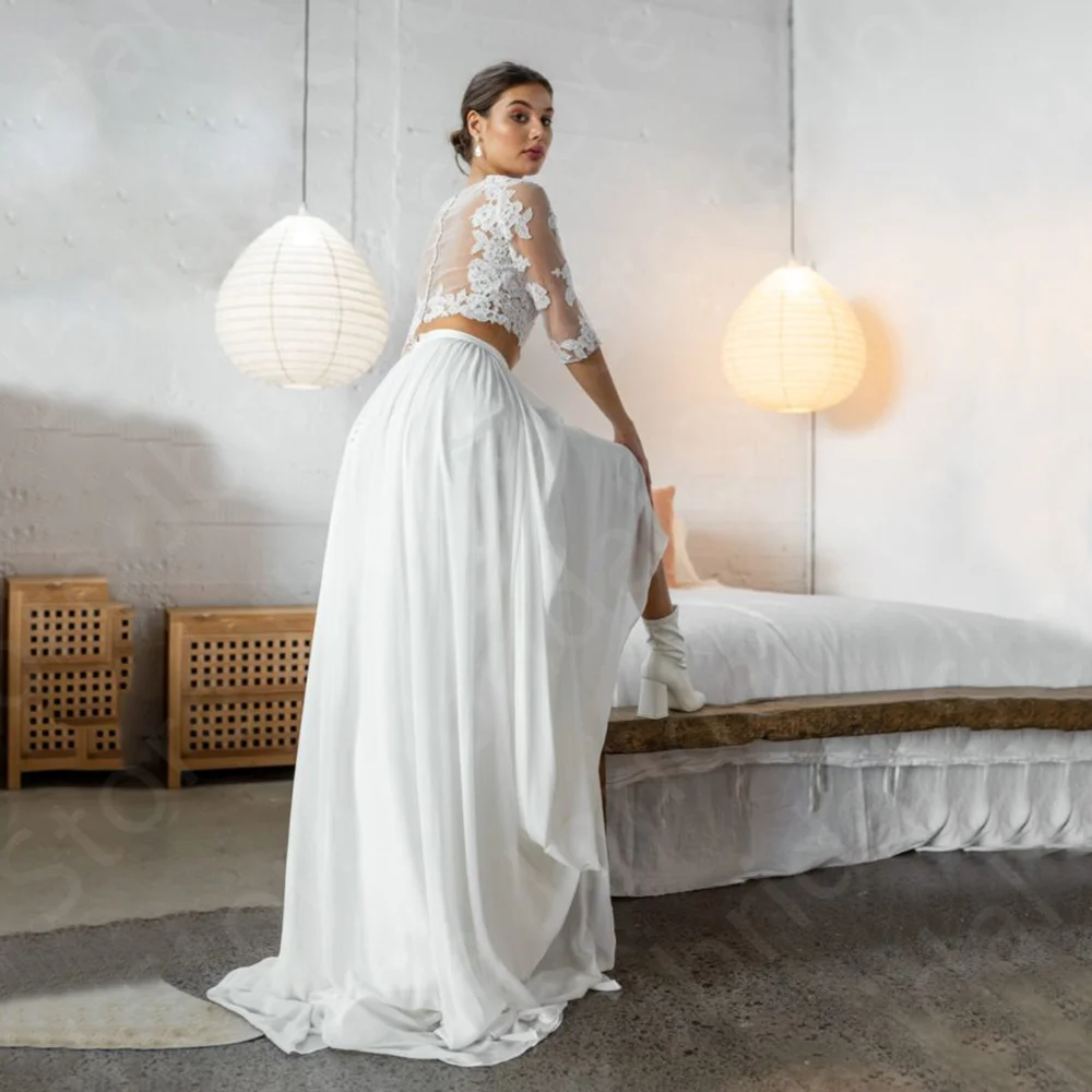 

Customized New Summer Beach Wedding Dresses Lace Two Pieces Bridal Gowns Boho Round Neck Bride Dresses 2024 White 3/4 Sleeves