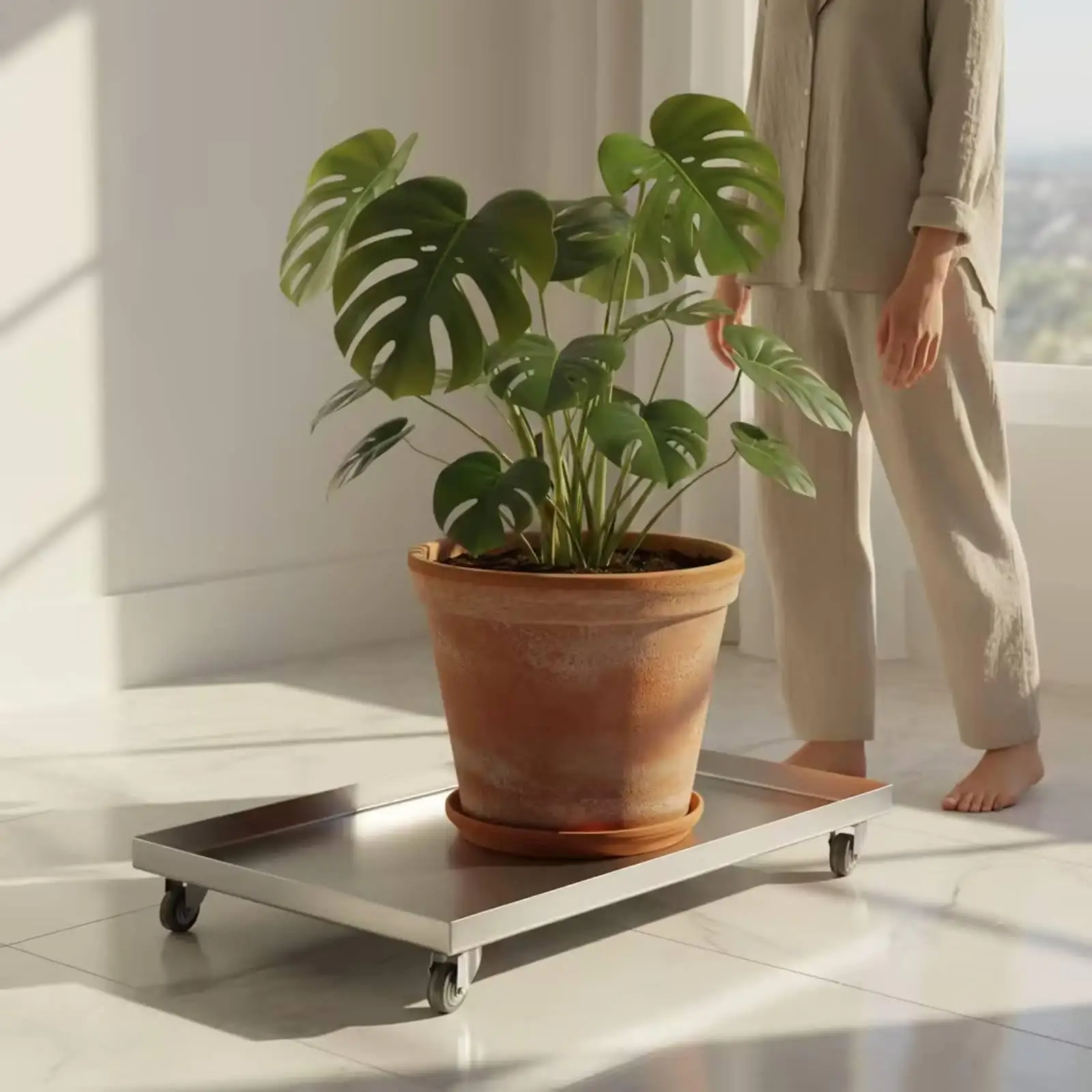 Heavy Duty Rolling Plant Stand Tray with Swivel Wheels Leak Resistant Sealed Base for Large Planters Sturdy Mobile Steel Pot