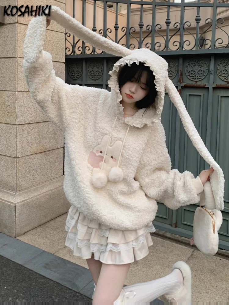 Harajuku Loose Lamb Wool Hoodies Embroidery Rabbit Y2k Aesthetic Grunge Sweatshirts Women Tops Kawaii Cute Drawstring Pullover