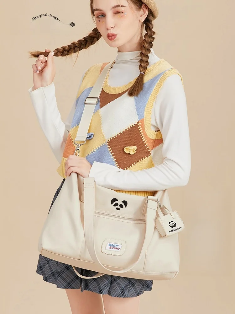 Kawaii Japanese Style Tote Bag Women's Large Capacity Student Single Shoulder Crossbody Bag for Class Adorable Panda Design