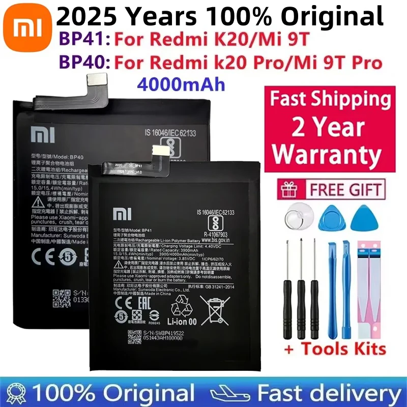 100% Original Replacement Battery BP41 BP40 For Xiaomi Redmi K20 Pro Mi 9T Pro Mi9T Redmi K20Pro Premium Genuine Battery 4000mAh