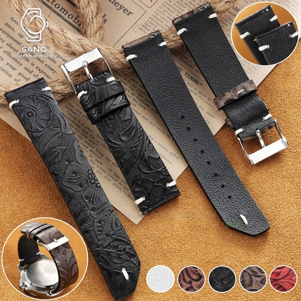 22/20mm for Samsung Galaxy Watch4/5/6/7 40/44mm Vintage Printed Pattern Leather Strap for Omege Calfskin Quick Release Watchband