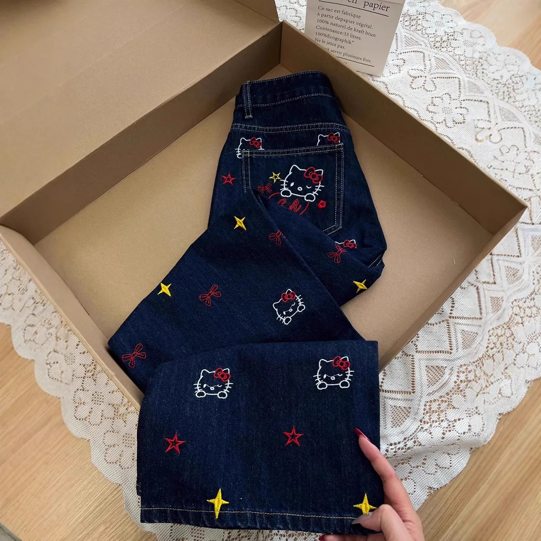 

Girls Hello Kittys Jeans for Women Sanrios Loose Wide-Leg Pants Spring Autumn New Style Fashion Student High Waist Casual Pants