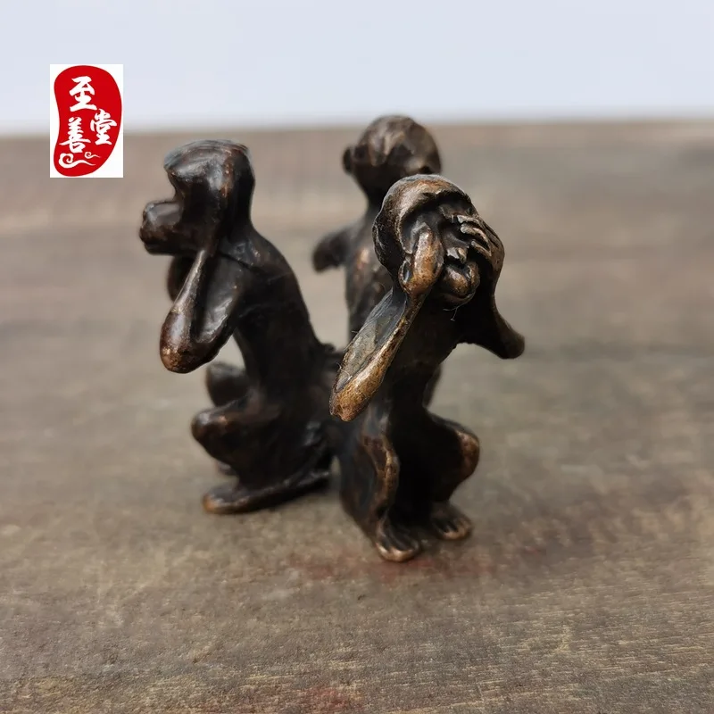 Antique collectible, old patina, antique-style alloy copper living room decoration, Three Monkeys figurine3*3*3CM
