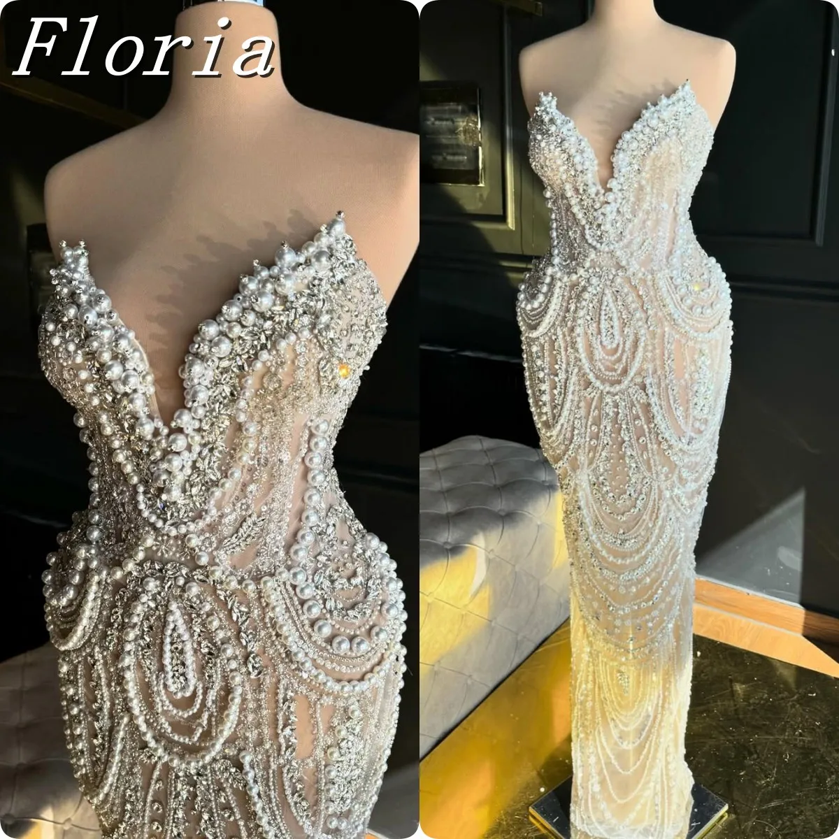 

Customized Sparkling Pearls Beaded Arabic Party Dress Shoulderless Evening Gown for Formal Occasion Engagement