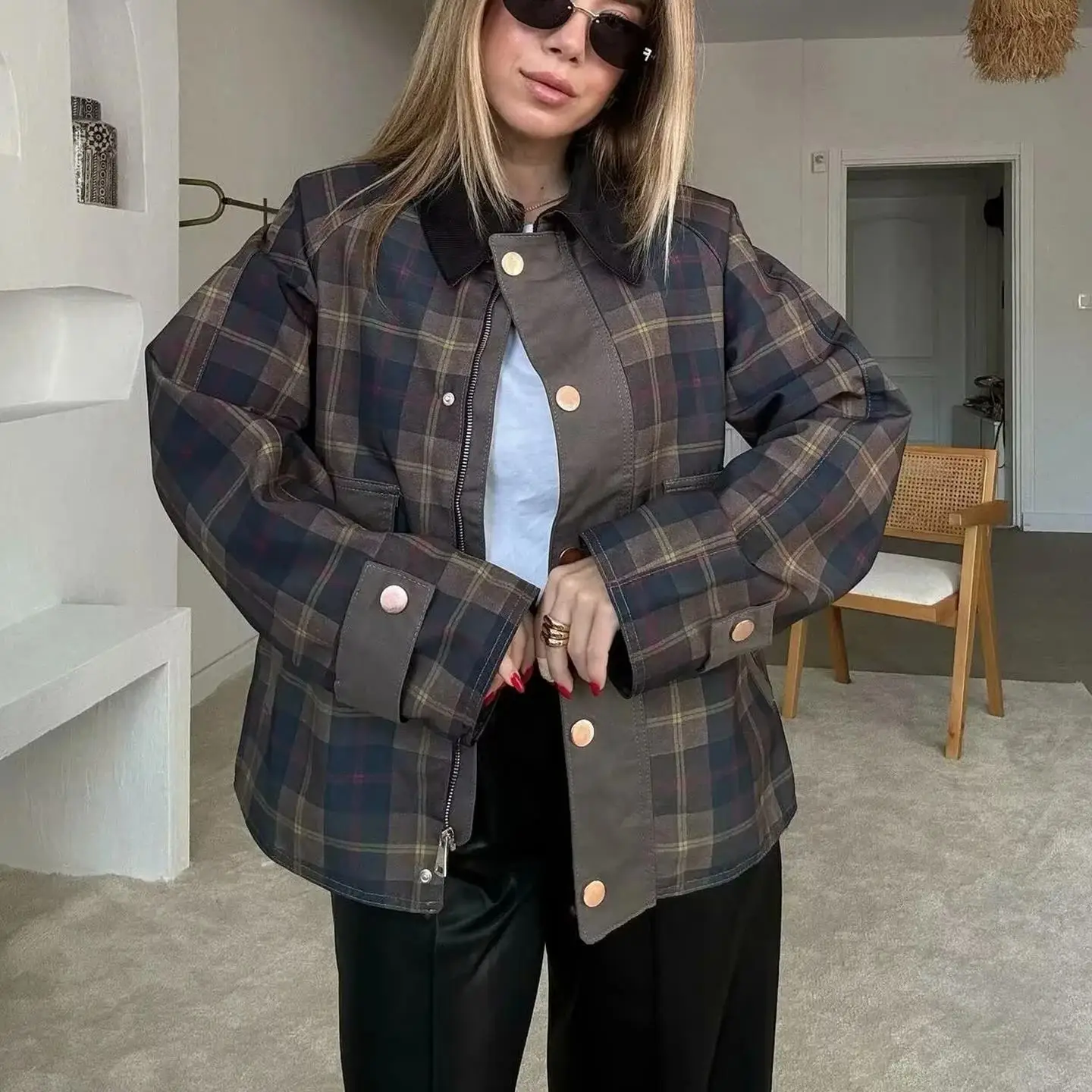 Invierno calle Sle Plaid cremallera larga Sve Stand Collar Color Blo Jaet mujer Faion prendas de vestir exteriores fibra de poliéster 00%