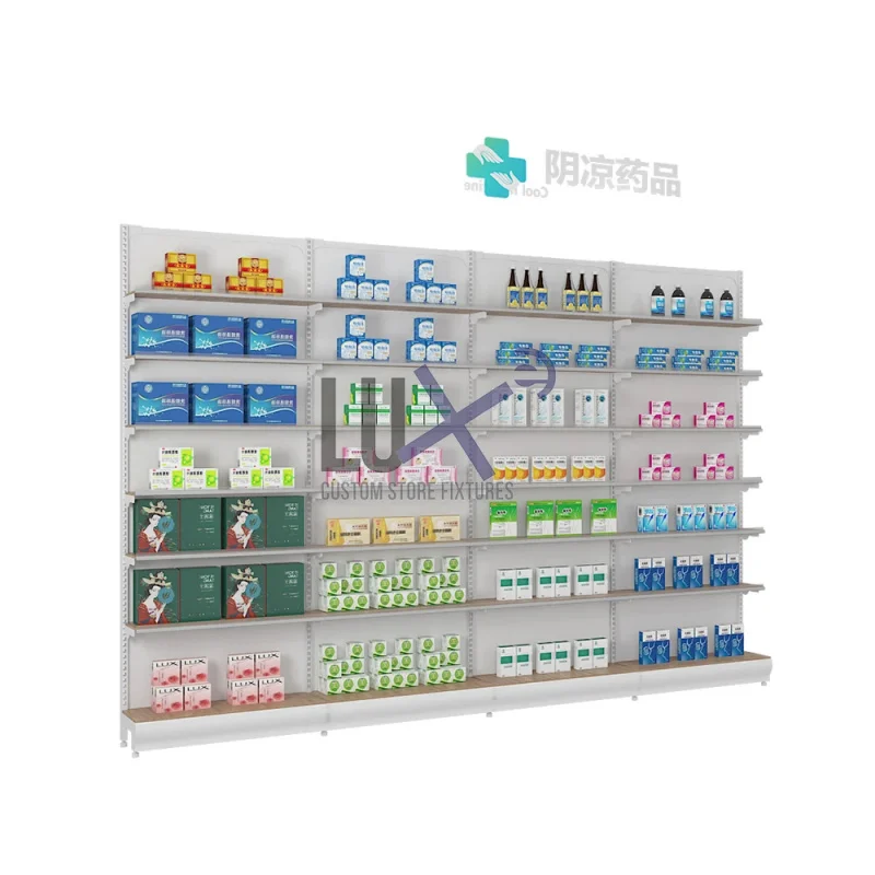 custom.Customized Commercial Sectional Pharmacy Shelving Store Display Stand Metal/Wood/Glass Materials Retail Store Int