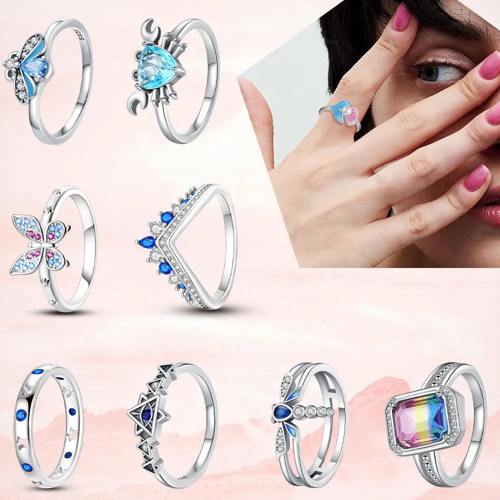 Original Fashion Jewelry 2025 Hot New Butterfly Flower ring S925 Sterling Silver Simple Elegant Blue Ring Romantic Daily Gifts