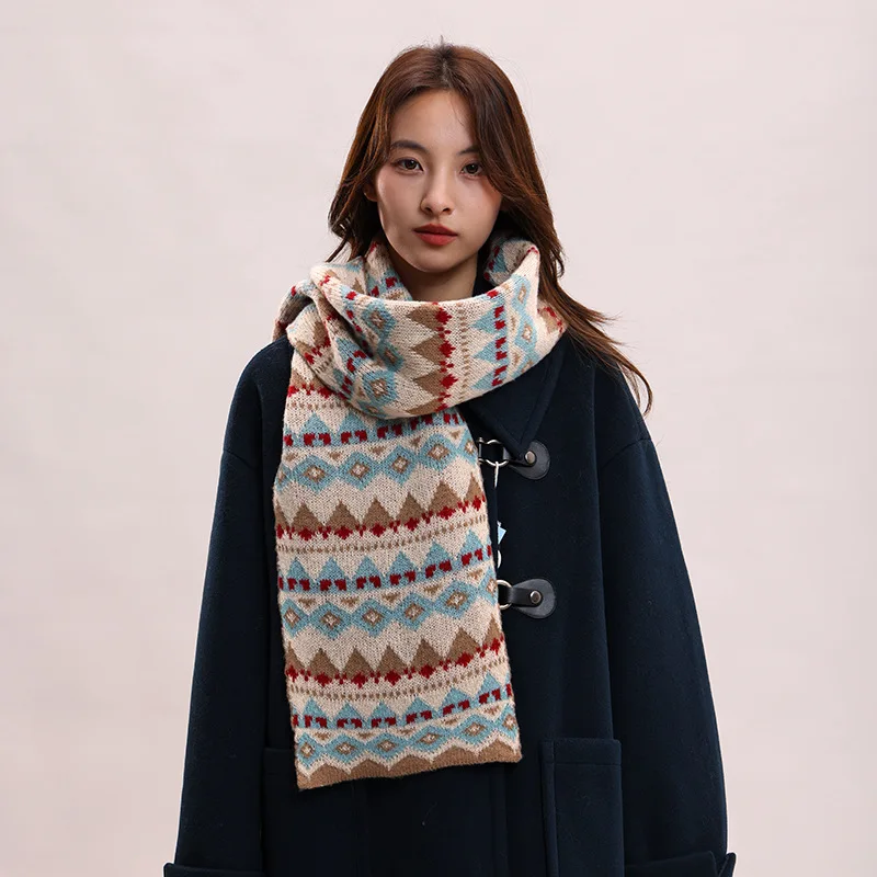 Protective Warm Jacquard Scarf and Hat Two Piece Set Korean Style for Autumn Winter Women Students Couples