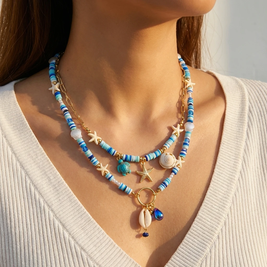 Retro Blue Polymer Clay Beaded Shell Starfish Necklace for Women Marine Elements Turtle Conch Multi Layered Choker Beach Jewelry