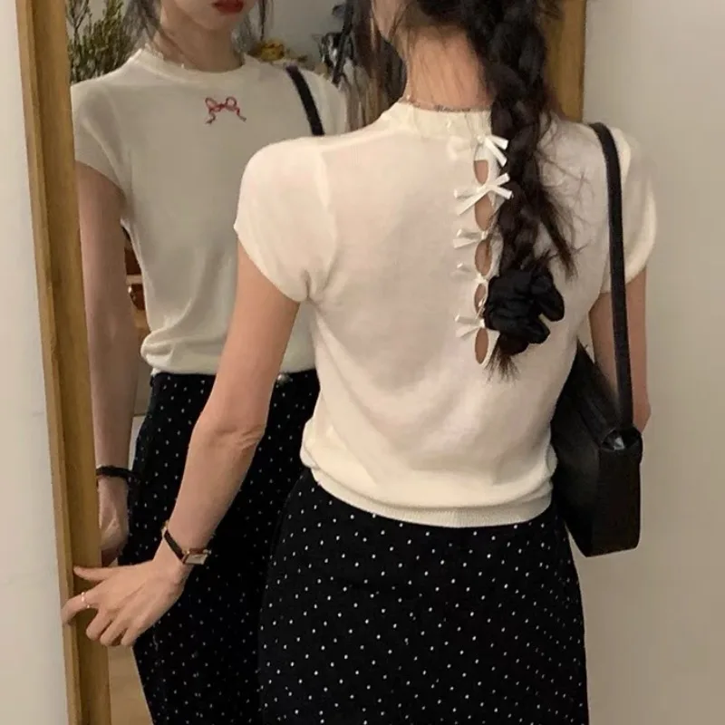 

Soft Knitted Hollow out ort Sve T-irt Women's Summer Top Knot Design Sensible Age Reduction Gentle Sle