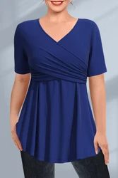 Flycurvy Plus Size Casual Dark Blue Pleated Cross Wrap V Neck Tunic Blouse