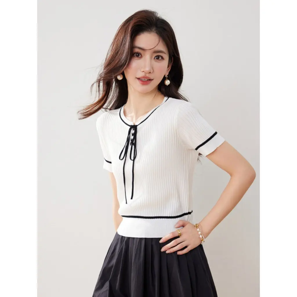 

Women's French Style Lace-Up Ice Silk Knitwear Short-Sleeved Top Contrasting Color Lace-Up Design New Summer Thin