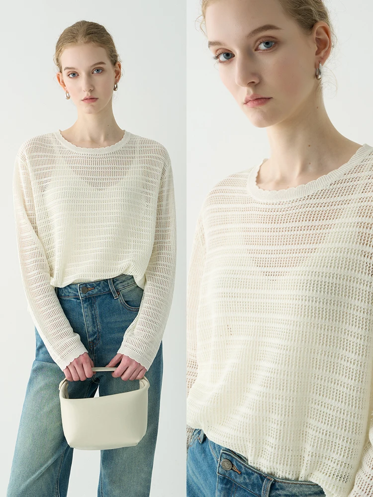 

VDH Studio Lazy Holiday Hollow out Linen Knitted Loose Top Women Summer Thin Knitted T-irt round Ne Long Sve Casual Wear