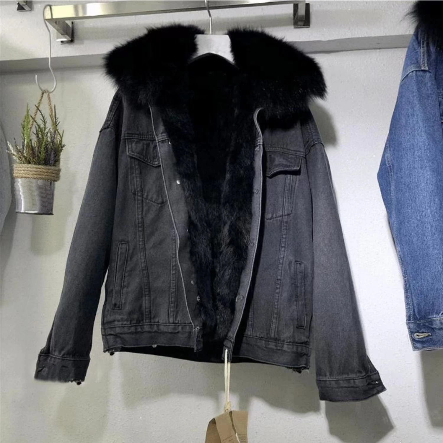 Winter Denim Jacket Hooded Coat Women Removable Fur Collar Fleece Lined Jeans Jacket Warm