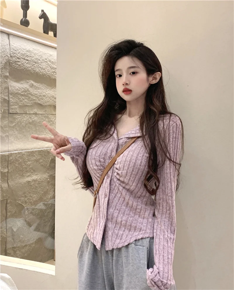 

Lapel Long-sleeved Knit Cardigan Womens Autumn And Winter Gray Sweater Design Sense Slim Pleated Short With Bottoming Top Inside