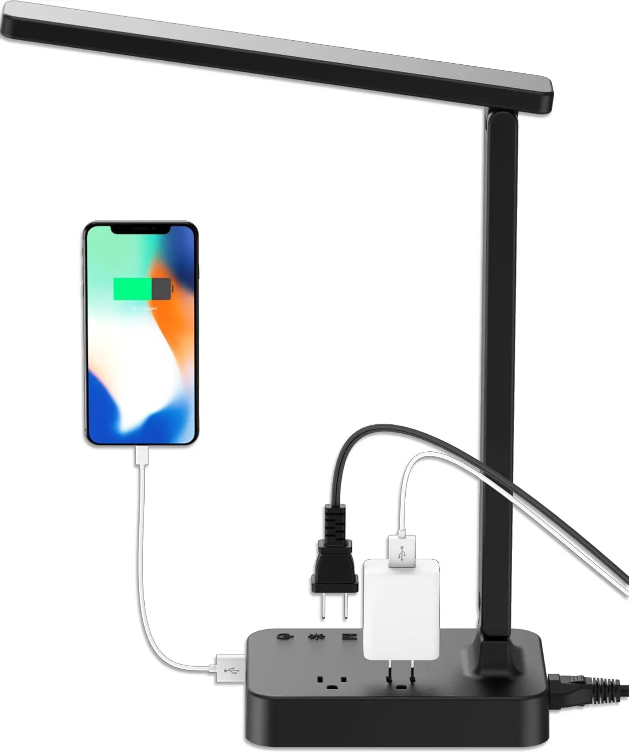 

Светодиодная настольная лампа с USB-зарядкой и розетками переменного тока, 3 режима регулировки яркости, безопасная для глаз, складная, для офиса, дома, общежития