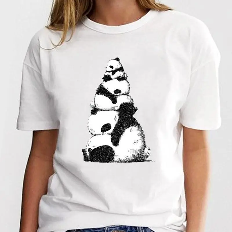 Cute Panda Print Short Sleeve Women Tee European American Short Sleeve Crew Neck Aesthetic Graphic Stylish Minimalist Women Tee