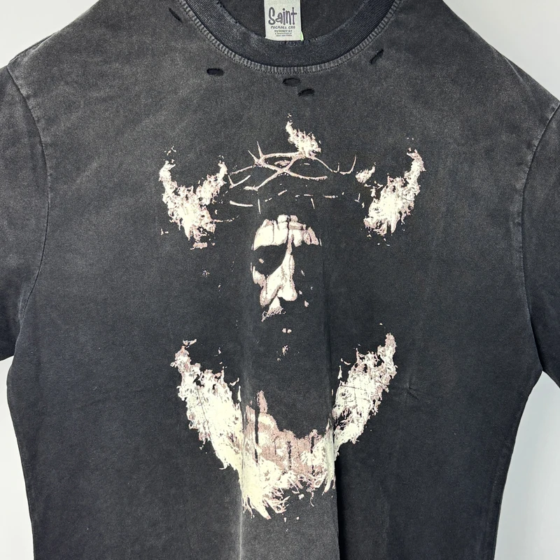 American Vintage SAINT OF MICHAEL Short Sleeve Destruction Design Jesus Printed T-shirt Summer High Street Loose Men's Clothing