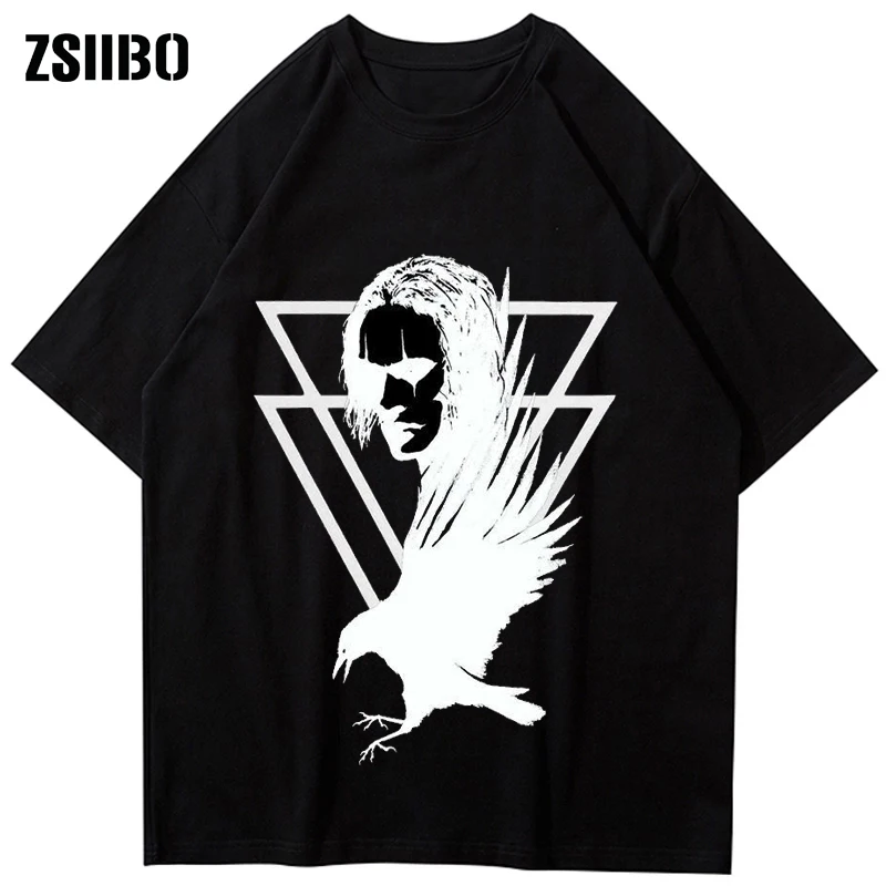 Y2K Crow Movie Print Goth T-shirts Cotton Short Sleeve Crow Streetwear Loose Unisex Casual Tees Women Man for Clothing