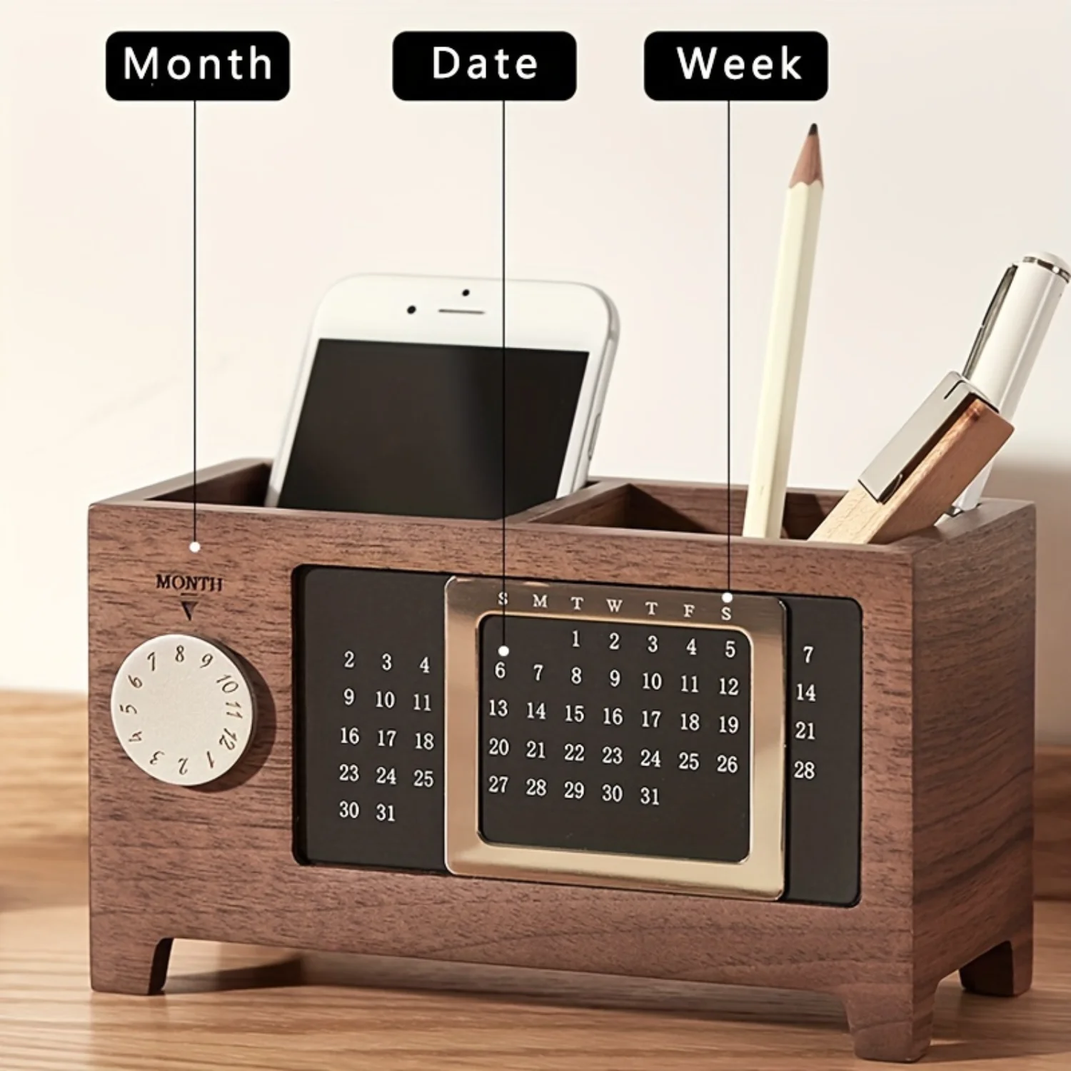 Wooden Desk Organizer with Calendar, Pen Holder & Office Supplies Box - Ideal for Entryway, Living Room, Office, Dorm Decor - Pe