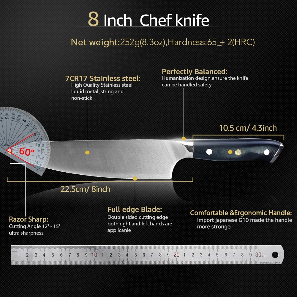 Kitchen Knife 8 Inch Chef Knife 7CR17 440C High Carbon Stainless Steel German G10 Handle Santoku Meat Cleaver Knife Cooking Tool