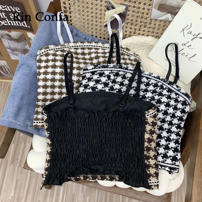 

Rin Confa Camisole Women Plaid Minimalist Top Vintage All-Match Bright Line Decoration Slim Tops Female Summer Korean Style Top