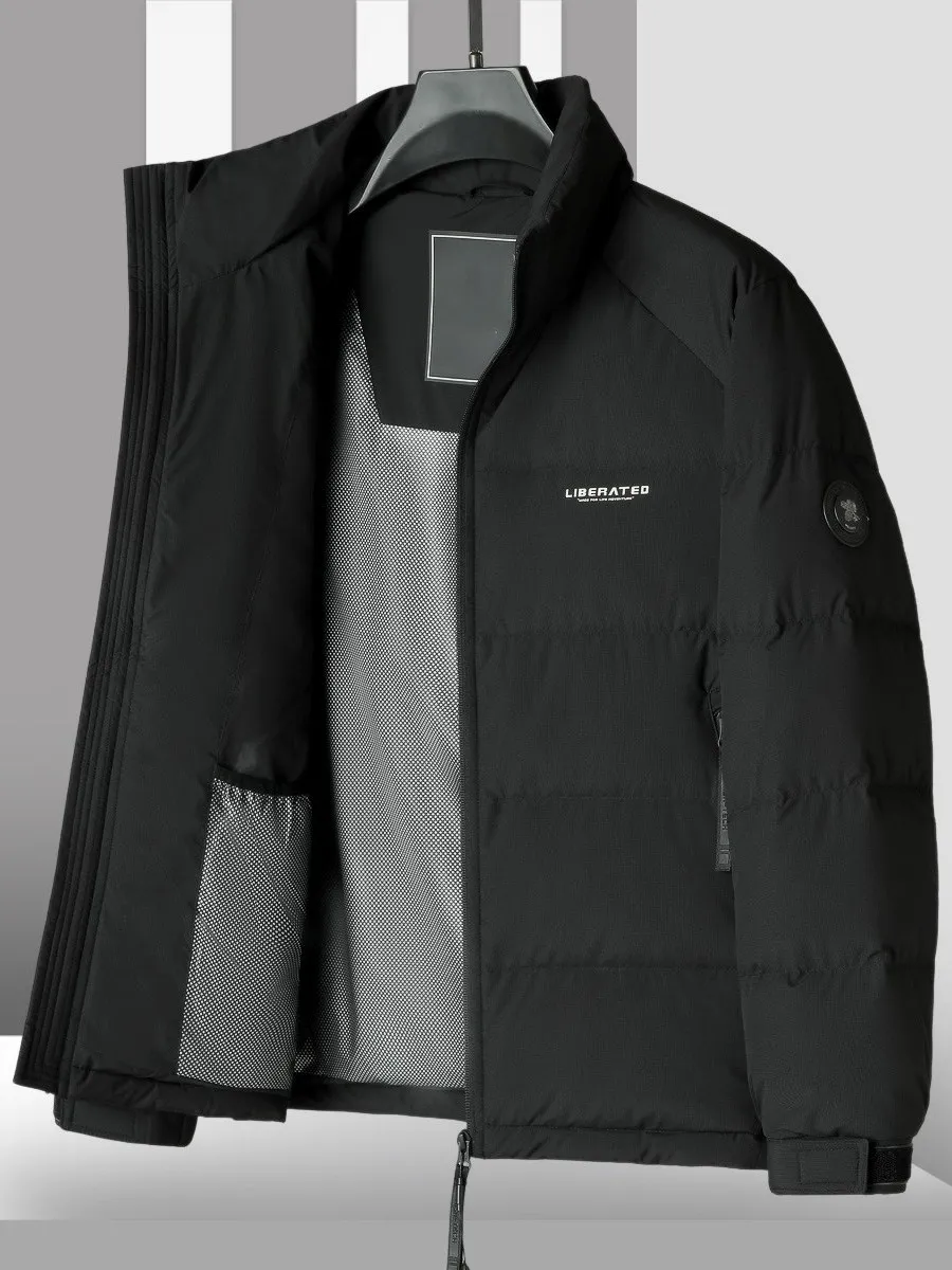 

Мужская ультралегкая куртка с воротником-стойкой, наполненная пухом 90% Du, теплая, повседневная, из полиэфирного волокна, с длинными рукавами, на пуговицах.