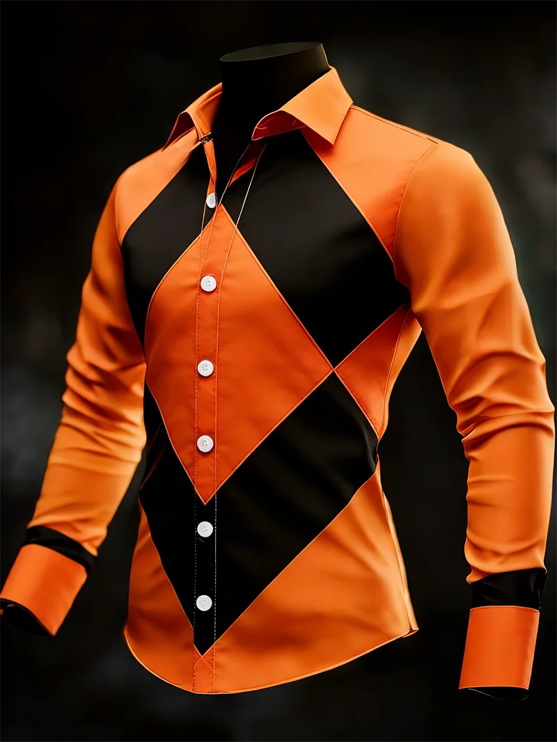 New 11 color men's long sleeved lapel shirt fashionable 3D printed color block pattern luxurious long sleeved shirt
